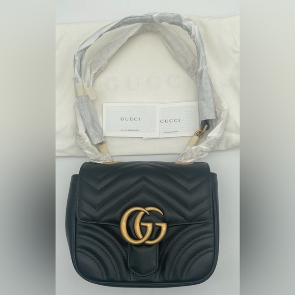NEW! GUCCI BLACK GOLD MARMONT LEATHER CROSSBODY SHOULDER BAG PUSE AUTHENTIC - Picture 5 of 16
